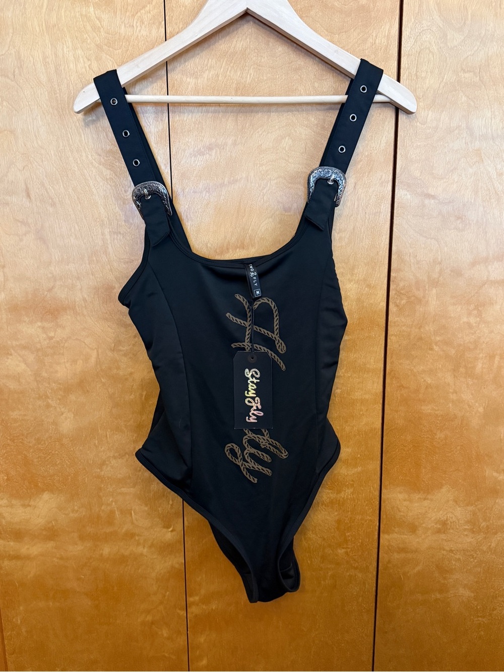 Black Buckle Strap Howdy One Piece Swimsuit Size Medium